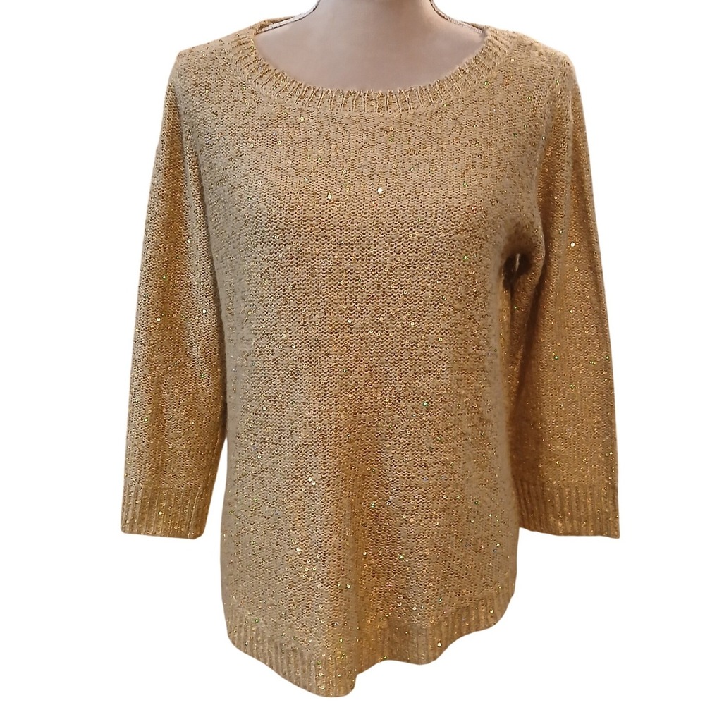 Anne Klein Gold Sequin Knit Sweater Womens Large 3/4 Sleeve Scoop Neck Pullover